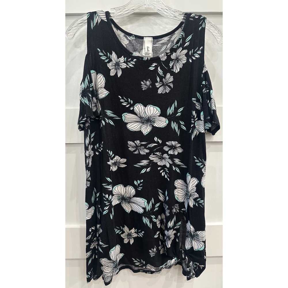Lovely J Women Black Floral Cold Shoulder Top Short Sleeve Side Knot Medium